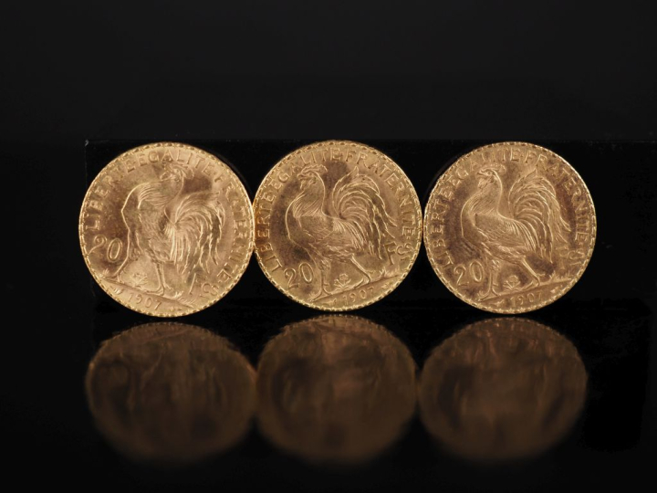 Trois pièces de 20 Francs or, 1907. FRAIS ACHETEURS 10% HT.