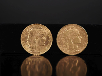 Vente aux enchères Deux pièces de 20 Francs or, 1908.  FRAIS ACHETEURS 10% HT.