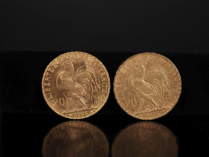 Deux pièces de 20 Francs or, 1908.  FRAIS ACHETEURS 10% HT.