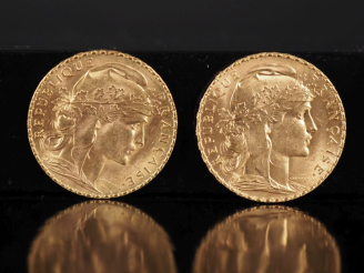 Vente aux enchères Deux pièces de 20 Francs or, 1912 et 1913.  FRAIS ACHETEURS 10% HT.