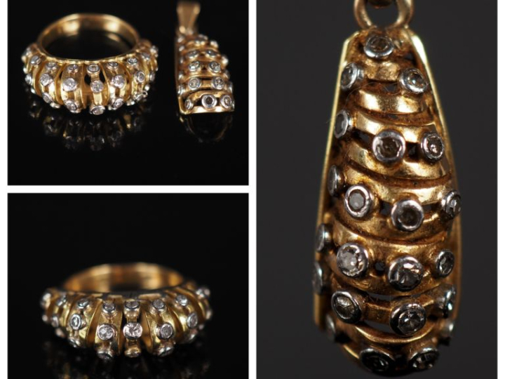 Demi-parure en or jaune 750 et diamants. Comprenant :  - un pendentif 