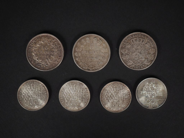 Ensemble comprenant :  - 4 pièces de 100 francs en argent, 1983 (x3), 