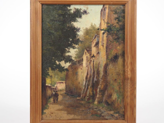 Vente aux enchères L. BELLING.  "promenade sous les remparts" Huile sur panneau, signée e
