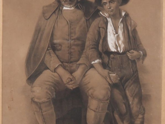 Vente aux enchères H. BLOT "le paysan et son fils" Dessin au fusain et rehauts de craie, 