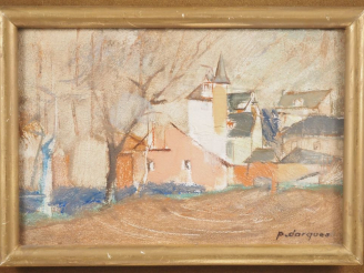Vente aux enchères P. DARQUES.  "village" Huile sur toile, signée en bas à droite  Dim. À