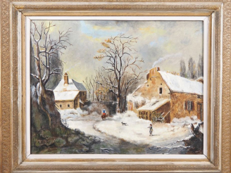 Vente aux enchères A. DELPORT.  "paysage d'hiver animé" Huile sur toile, signée en bas à 