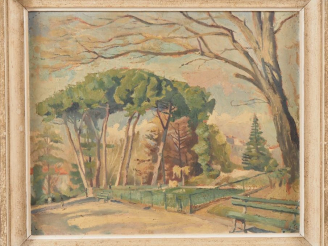Vente aux enchères R. TAURINES.  "le parc" et "fleurs" Huile sur panneau, double face sig