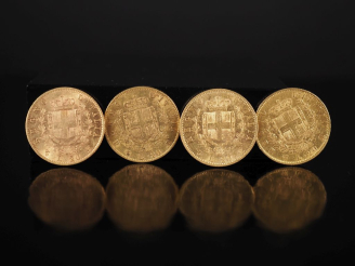 Vente aux enchères Quatre pièces de 20 Lire or, Vittorio Emanuele II, Italie, 1863. FRAIS