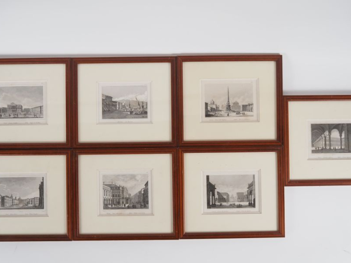 Suite de 7 lithographies en noir et blanc figurant des vues de villes 