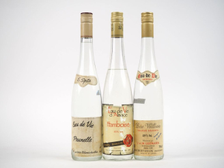 Vente aux enchères 3 BOUTEILLES EAU DE VIE 45% : 1 PRUNELLE E. SPITZ/1 FRAMBOISE D'ALSACE