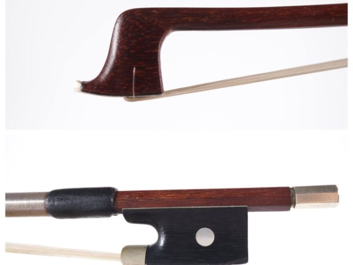 Archet de violon d'étude en bois exotique. Poids. 67 g (bon état, écla