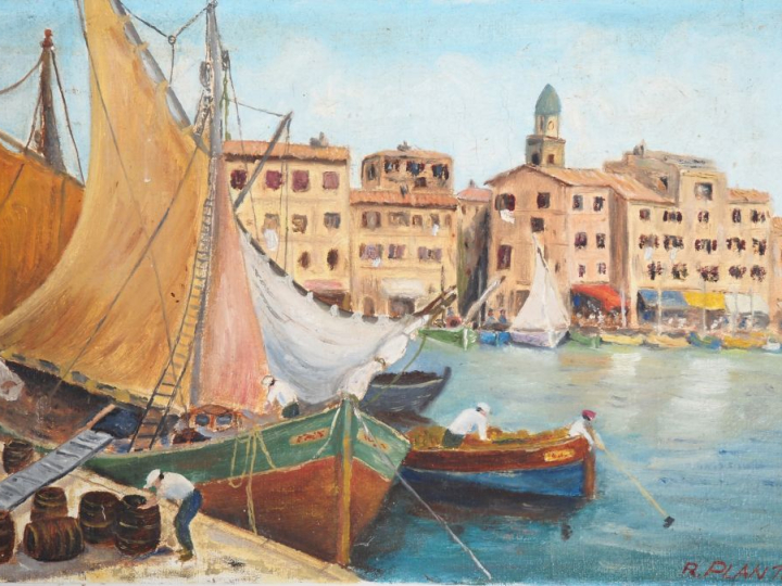 R. PLANTE. "Le port animé" Huile sur toile, signée en bas à droite et 
