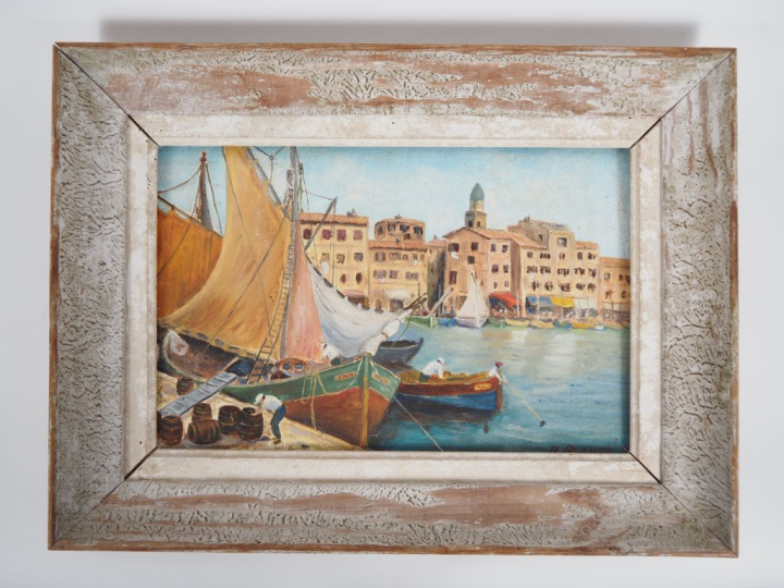 R. PLANTE. "Le port animé" Huile sur toile, signée en bas à droite et 