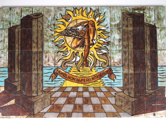 Vente aux enchères Grand panneau polychrome XXème en carreaux de céramique figurant Poséi
