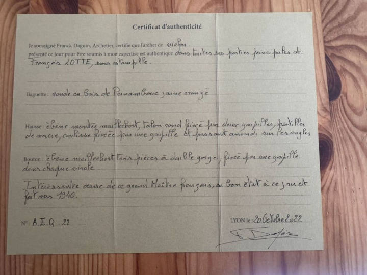 Archet de violon François Lotte monté maillechort, certificat de Franc