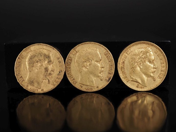 Trois pièces de 20 Francs or,  Napoléon III Empereur, 1855-A, 1860-BB 