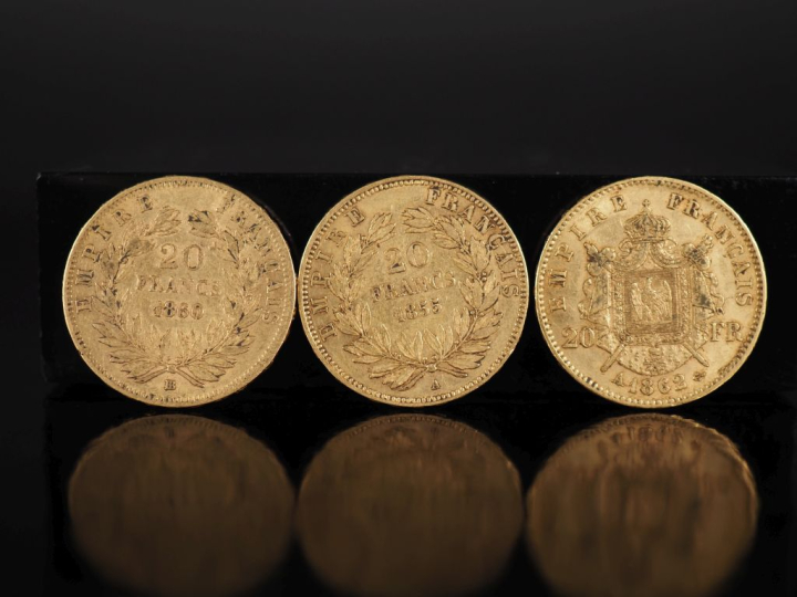 Trois pièces de 20 Francs or,  Napoléon III Empereur, 1855-A, 1860-BB 