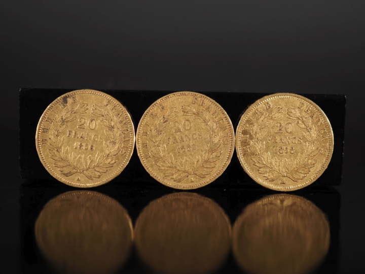Trois pièces de 20 Francs or, Napoléon III Empereur, 1856-A (x2) et  1