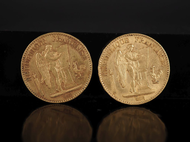 Deux pièces de 20 Francs or, Republique Française, 1878-A et 1895-A. F