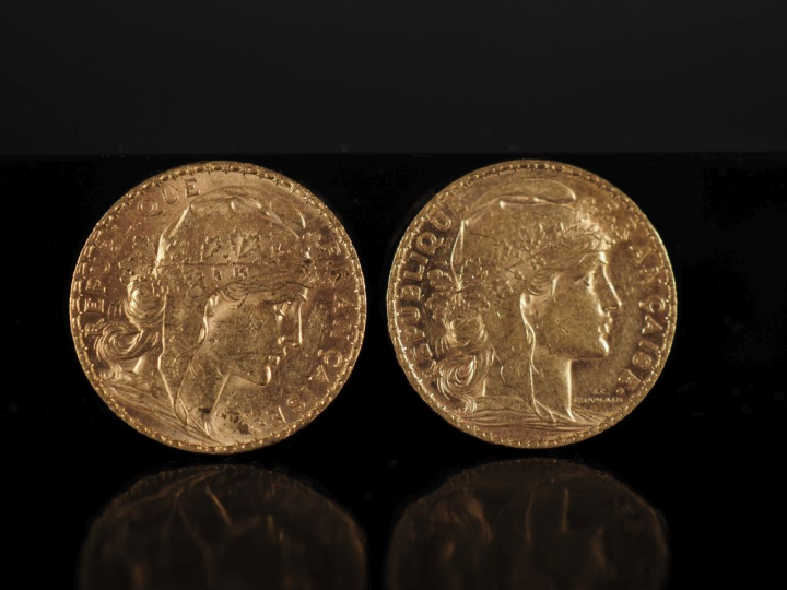 Deux pièces de 20 Francs or, République Française, 1901 et 1902. FRAIS