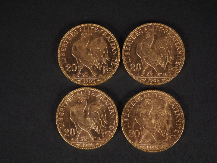 Quatre pièces de 20 Francs or, République Française, 1905.  FRAIS ACHE