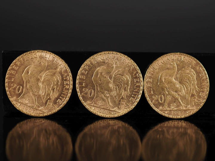 Trois pièces de 20 Francs or, République Française, 1906 et 1907 (x2).