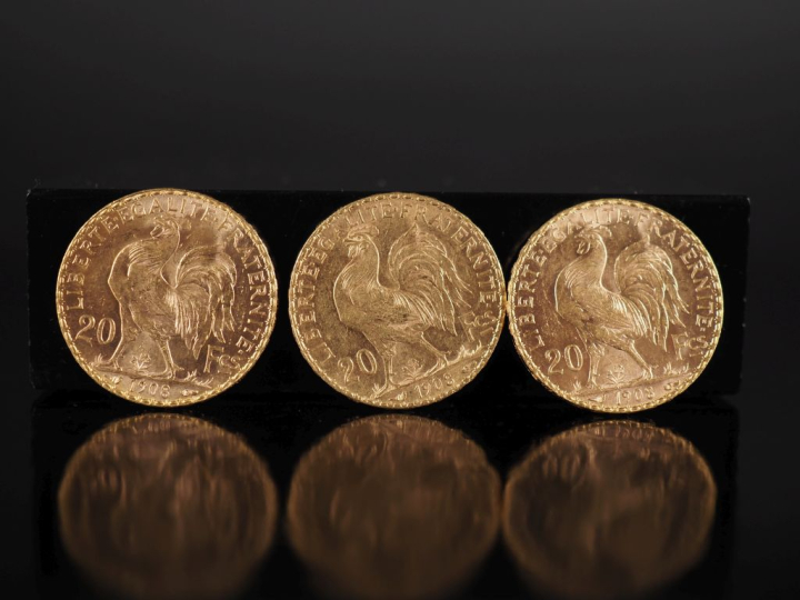 Trois pièces de 20 Francs or, République Française, 1908.  FRAIS ACHET