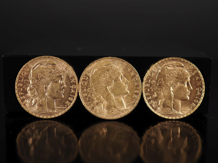 Trois pièces de 20 Francs or, République Française, 1910, 1911 et 1913
