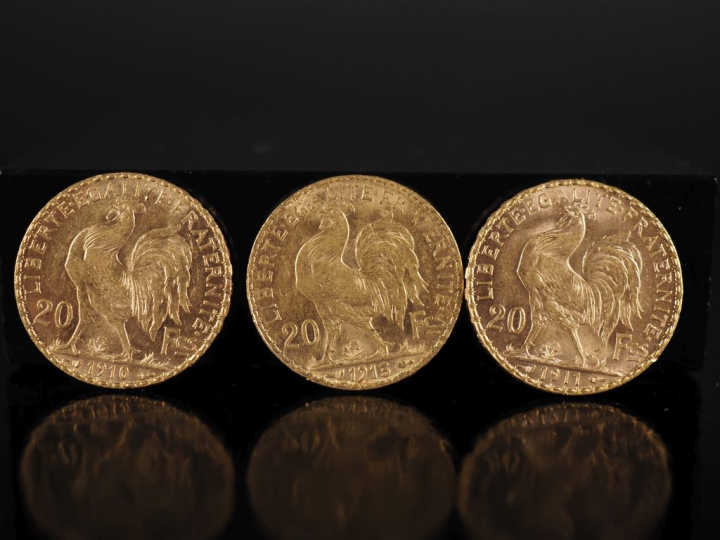 Trois pièces de 20 Francs or, République Française, 1910, 1911 et 1913