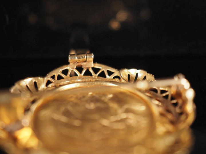 Broche/pendentif en or jaune 750, sertie en son centre d'un souverain 