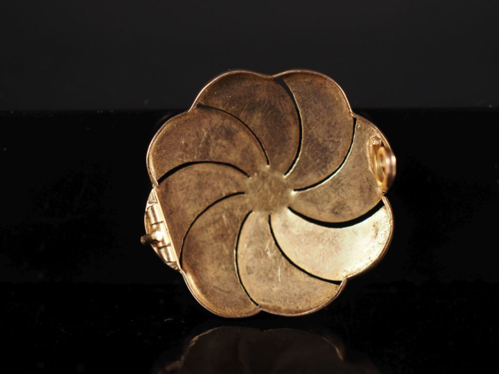 Broche en or jaune 750 en forme de fleur épanouie, sertie en son centr