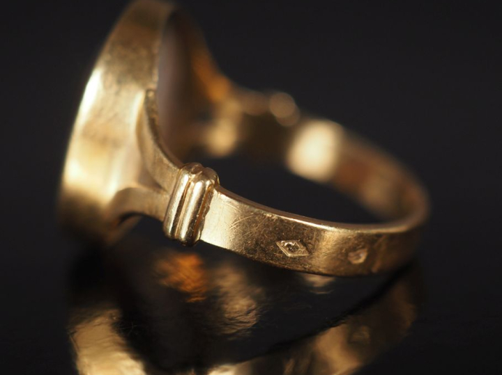 Bague en or jaune 750, sertie en son centre d'un émail polychrome figu