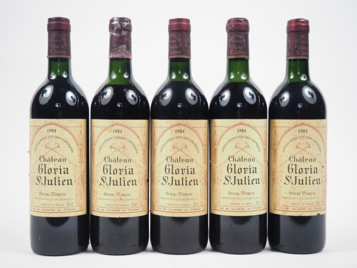 5 BOUTEILLES CHÂTEAU GLORIA ST JULIEN - 1984 - 1 BG/3 LB/1 HEP/ELT 