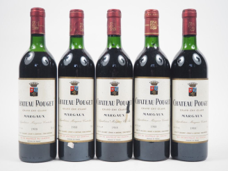 Vente aux enchères 5 BOUTEILLES CHÂTEAUT POUGET GCC MARGAUX - 1988 - 2 BG/2 LB/1 HEP/1 EA