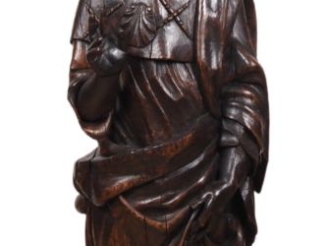 Vente aux enchères Saint Jacques en bois sculpté, dos évidé. Debout et bénissant de la ma
