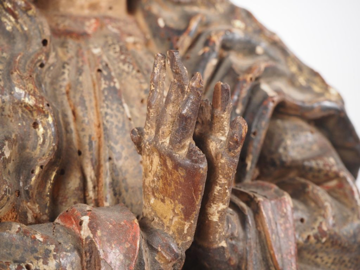 Sculpture XVIIIème en bois polychrome "Sainte Vierge". (quelques manqu