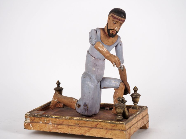 Mannequin espagnol XIXème en bois polychrome "Christ genou à terre pen