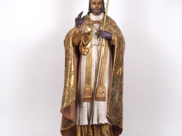 Sculpture XIXème en bois polychrome et doré "Saint Evêque bénissant". 