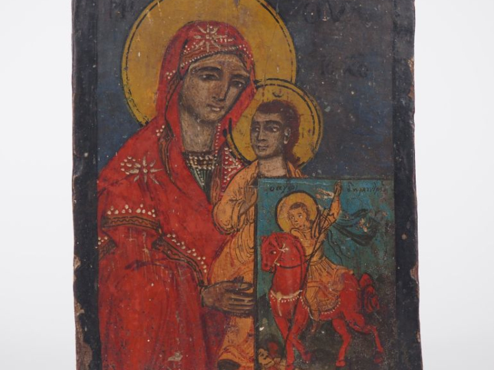 Icone de style bizantiin en bois polychrome "Vierge à l'enfant et St M