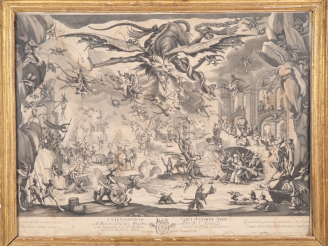 Vente aux enchères Grande gravure en noir d'après Jacques Callot.  "La tentation de St An