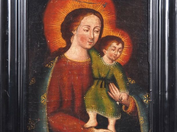 Ecole sud américaine. "Vierge à l'enfant" Huile sur toile, marouflée s