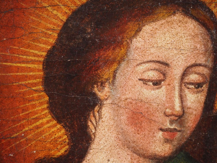 Ecole sud américaine. "Vierge à l'enfant" Huile sur toile, marouflée s