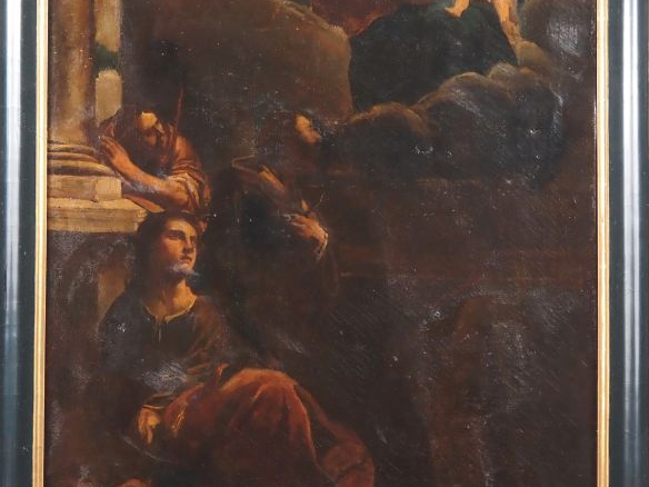 Ecole italienne dans le goût du XVIIème.  "Vierge à l'enfant apparaiss