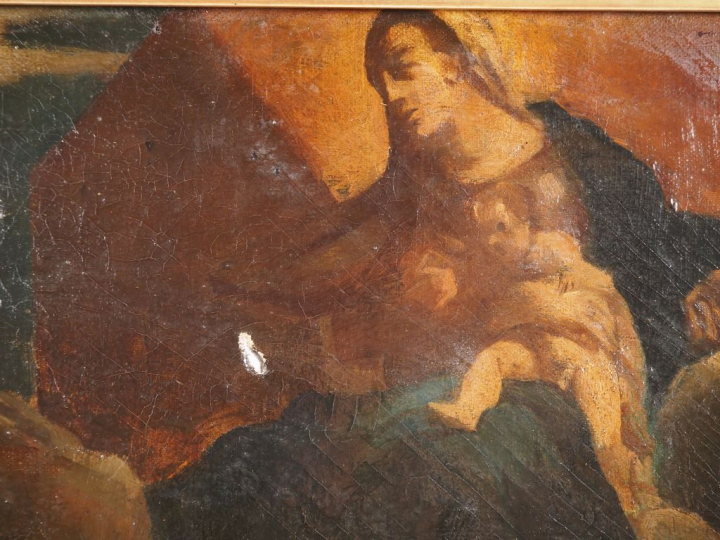 Ecole italienne dans le goût du XVIIème.  "Vierge à l'enfant apparaiss