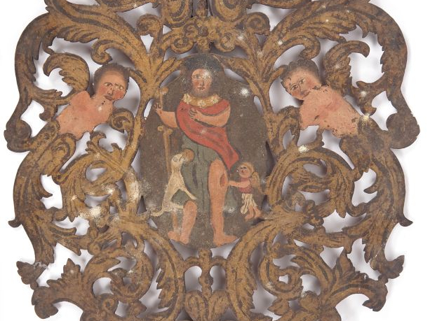 Plaque de procession XVIIIème ou XIXème en fer découpé et polychrome, 