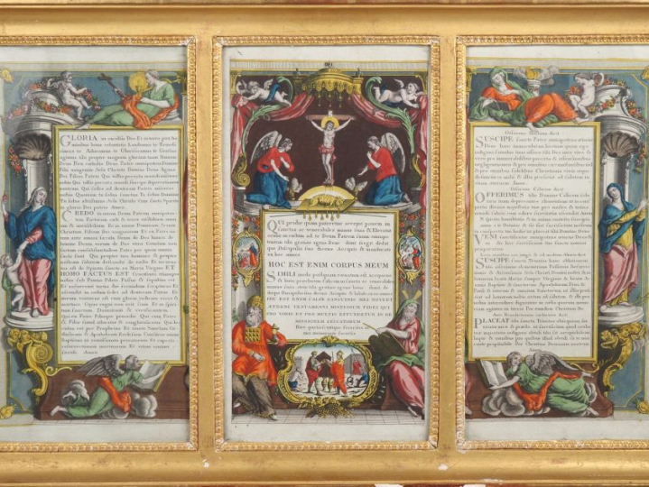 Tryptique de gravures en couleurs début XIXème, textes de la Sainte Me