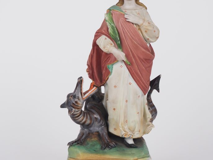 Sujet en biscuit polychrome "Sainte terrassant le dragon". (manques) H