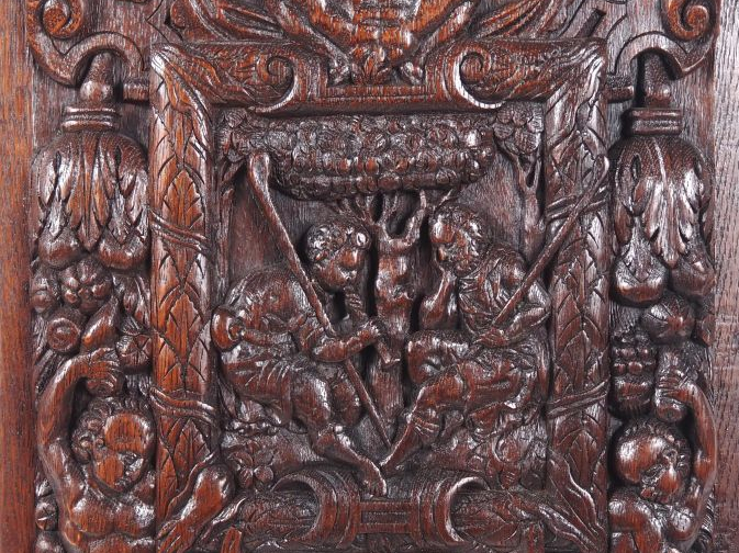 Panneau de style Renaissance en bois sculpté, "Pastorale". Dim. 36 x 3