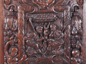 Vente aux enchères Panneau de style Renaissance en bois sculpté, "Pastorale". Dim. 36 x 3