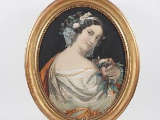 Vente aux enchères Paire de chromos Napoléon III dans des cadres en médaillon en bois dor